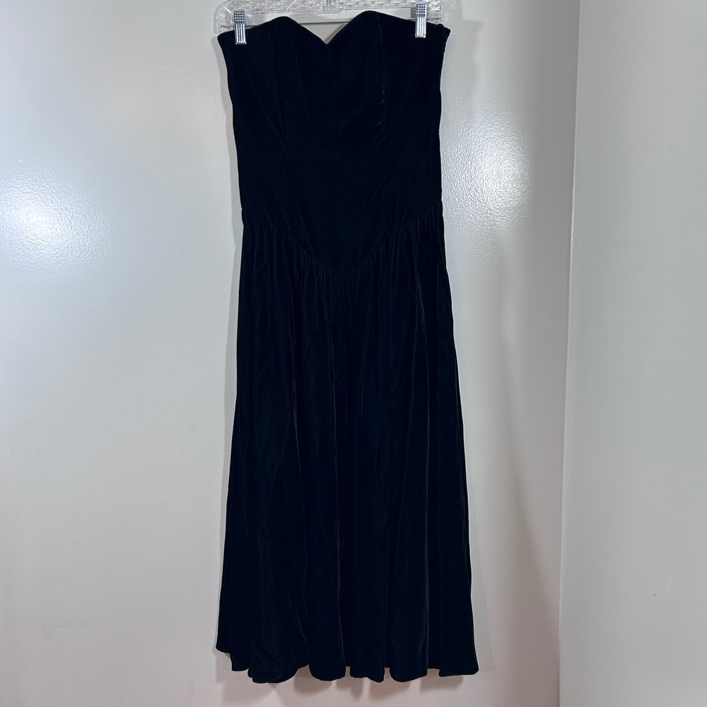 Vintage Positively Ellyn Black Velvet Strapless Basque Waist Midi Dress Size 12